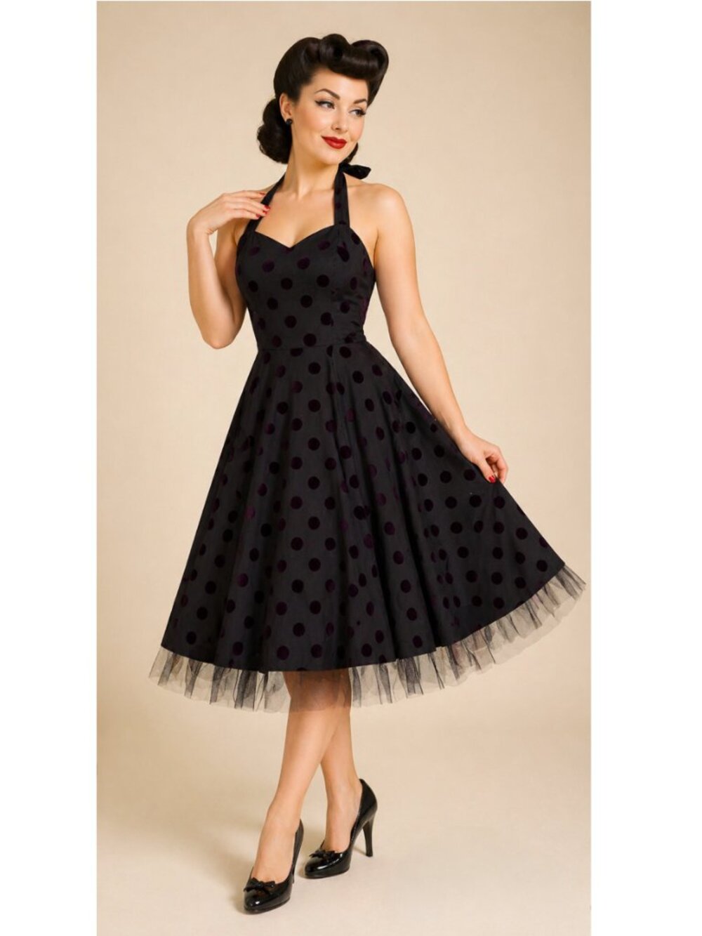 Hearts and Roses London Polka Dot Swing Dress Black Purple Retro 50s Pinup M